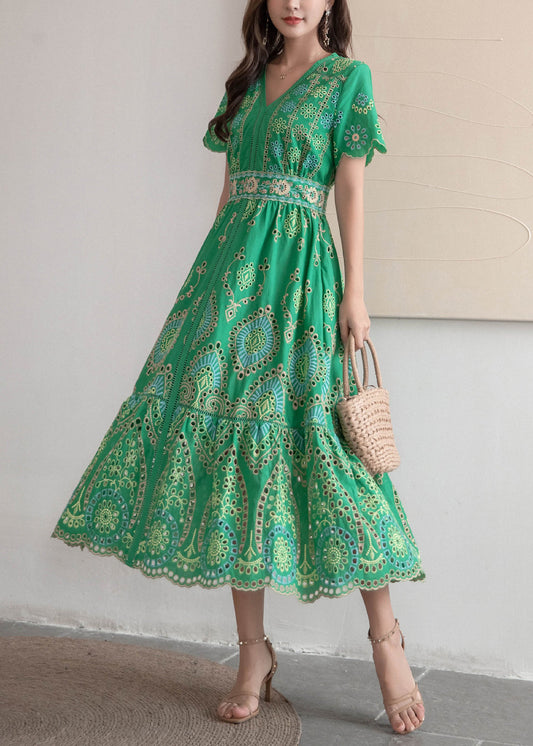 French Green Embroidered Hollow Out Cotton Long Dresses Summer