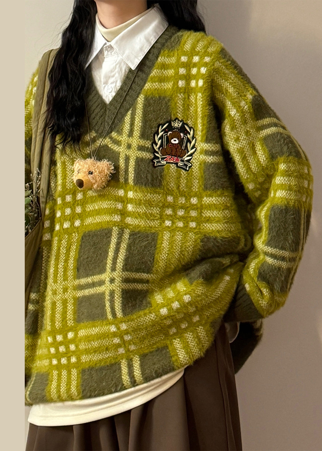 French Green Peter Pan Collar Plaid False Two Pieces Knit Sweater Spring