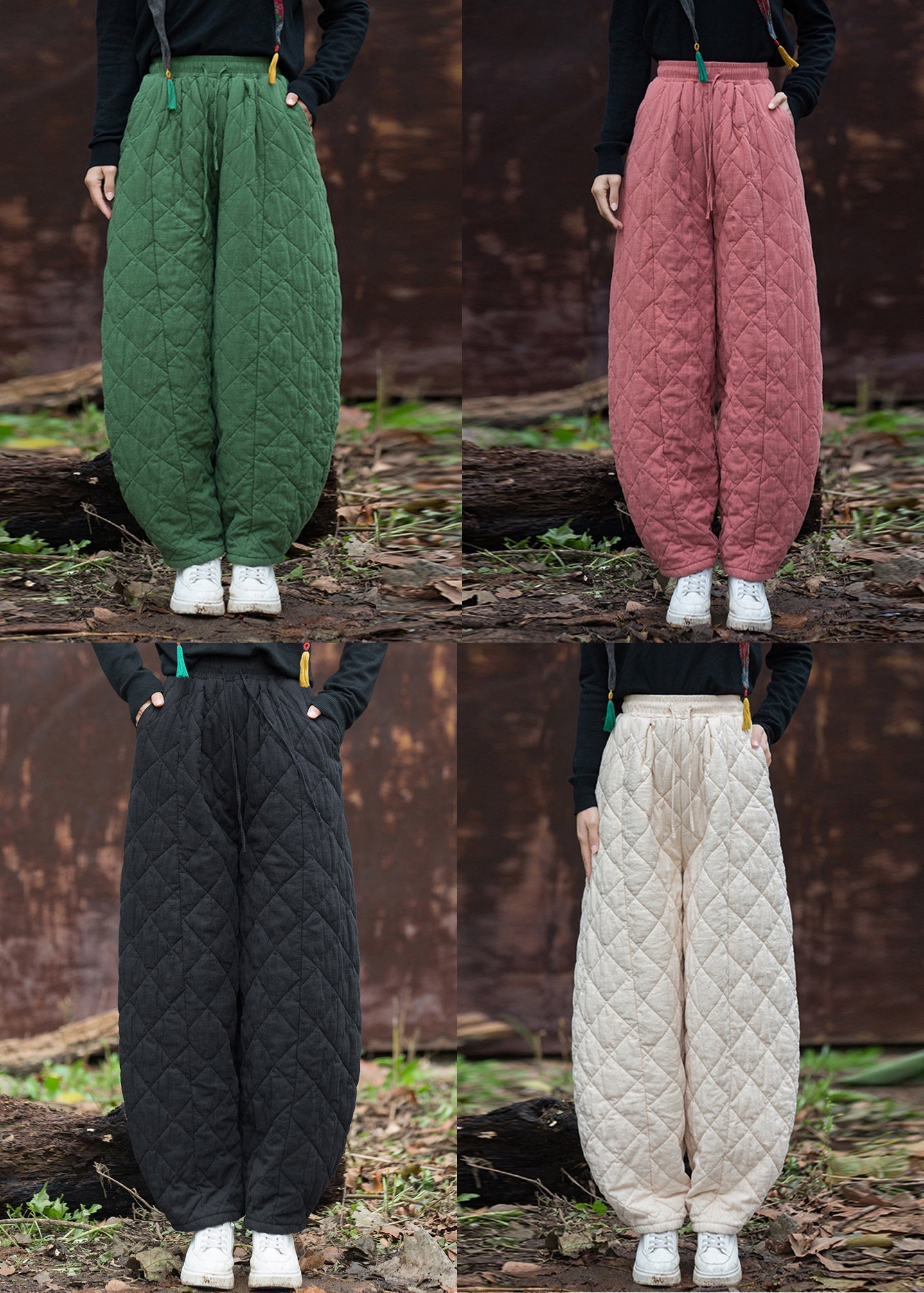 Pantalones de invierno de algodón con bolsillos y cuadros verdes franceses