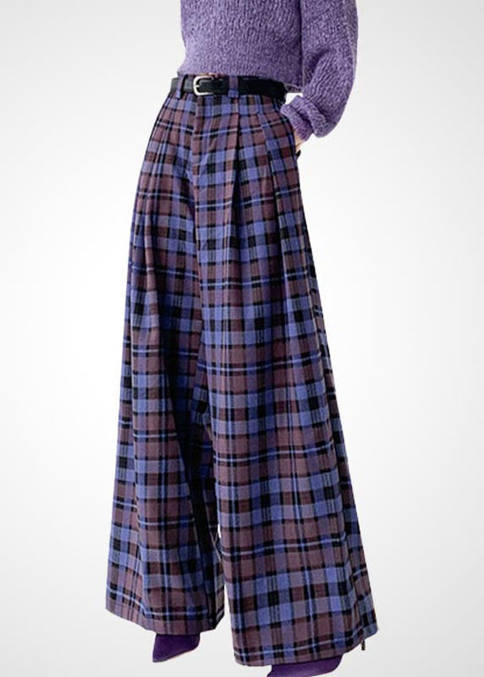 French Green Plaid Woolen Wide Leg Pants Fall