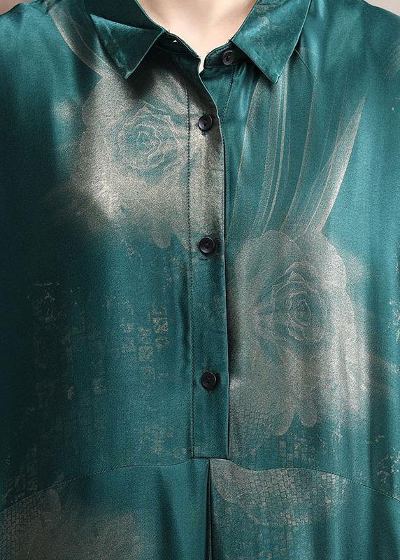 French Green Print Silk Dress Long Asymmetric Art Dress - SooLinen