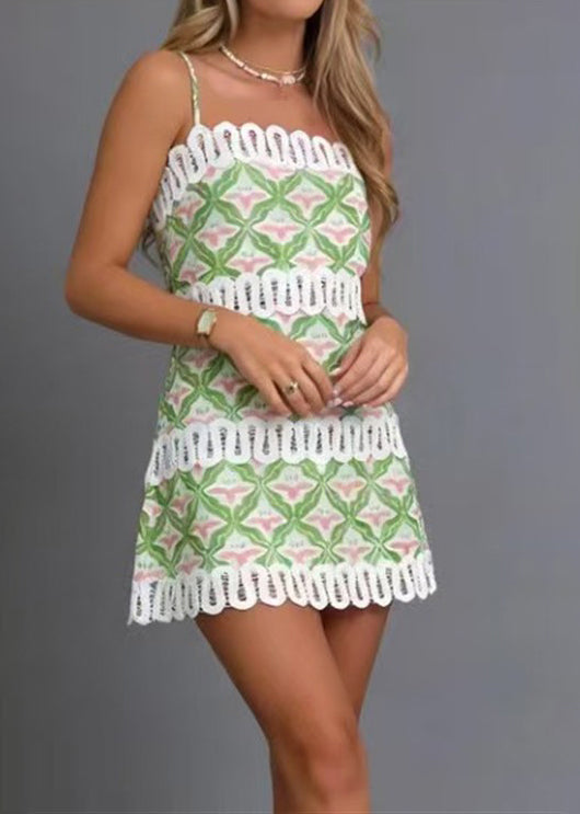 French Green Print Patchwork Cut Out Cotton Mini Dress Summer