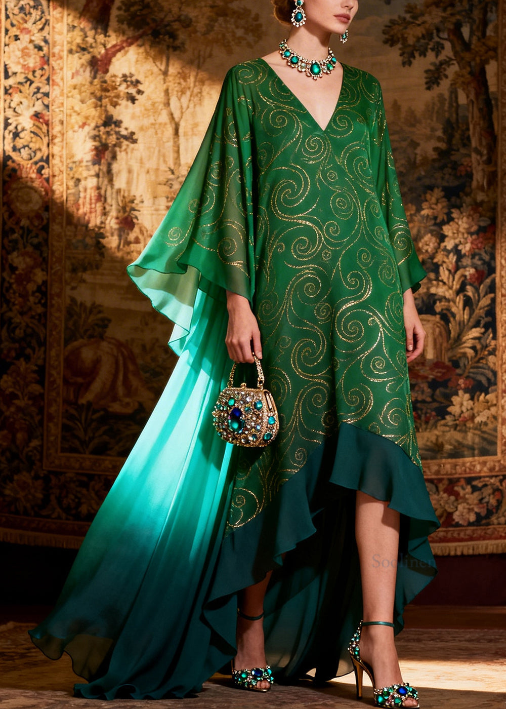 French Green Ruffled Exra Large Hem Chiffon Evening Dress Summer