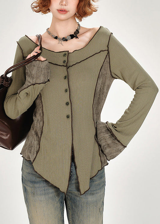 Top de algodón con cuello oblicuo y botones de patchwork verde francés para primavera