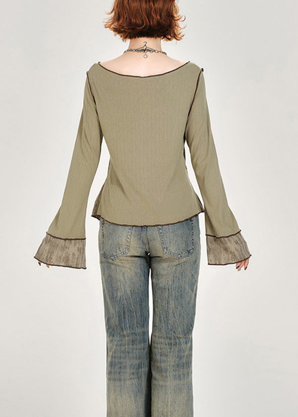 Top de algodón con cuello oblicuo y botones de patchwork verde francés para primavera