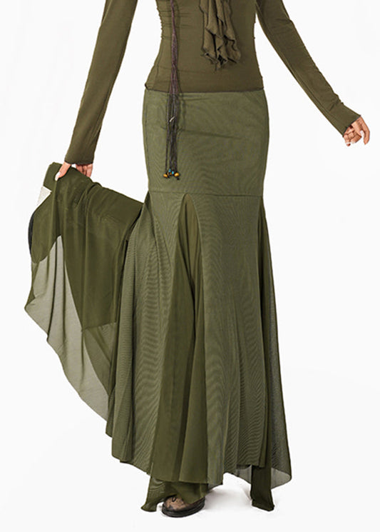 French Green Tulle Patchwork Maxi Fishtail Skirts