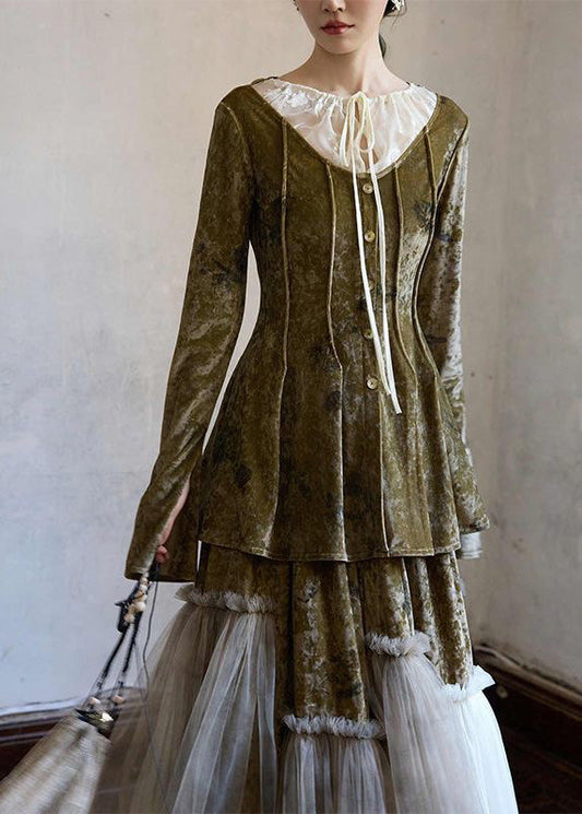 French Green Tulle Patchwork Tie Lace Silk Velvet Top And Maxi Skirts Two Piece Set Spring