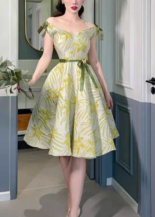 Französische grüne Baumwollkleider mit V-Ausschnitt und Schleife, ärmellos