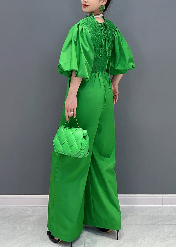 French Green V Neck Elastic Waist Jumpsuit Puff Sleeve