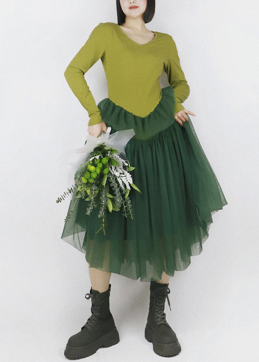 French Green V Neck Tulle Patchwork Cotton Dresses Fall
