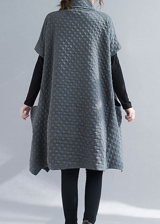 French Grey Asymmetrical Pockets Cotton Dresses Short Sleeve