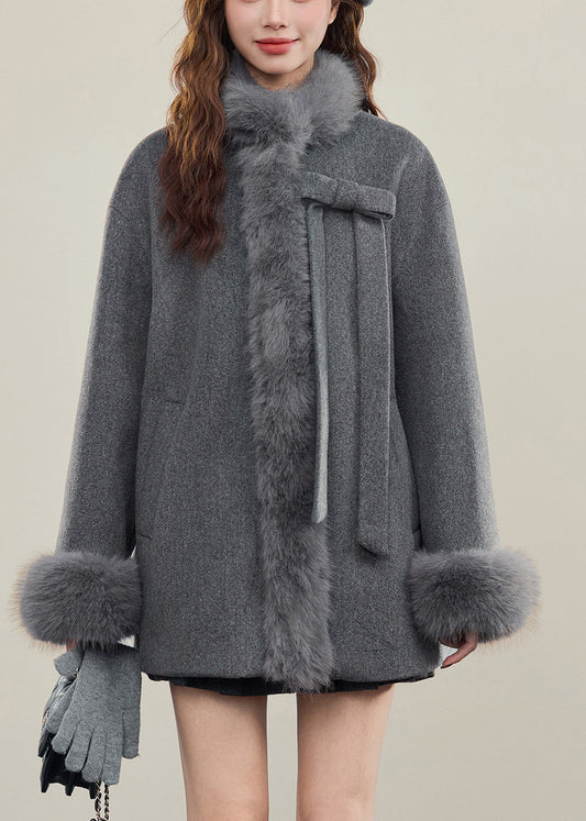 French Grey Bow Woolen Coats Fur Collar Winter