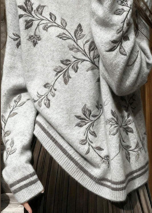 Suéter de punto bordado gris francés para invierno