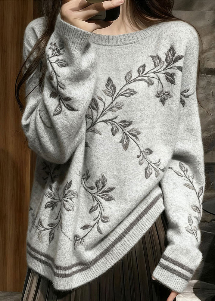 Französischgrauer bestickter Strickpullover, Winter