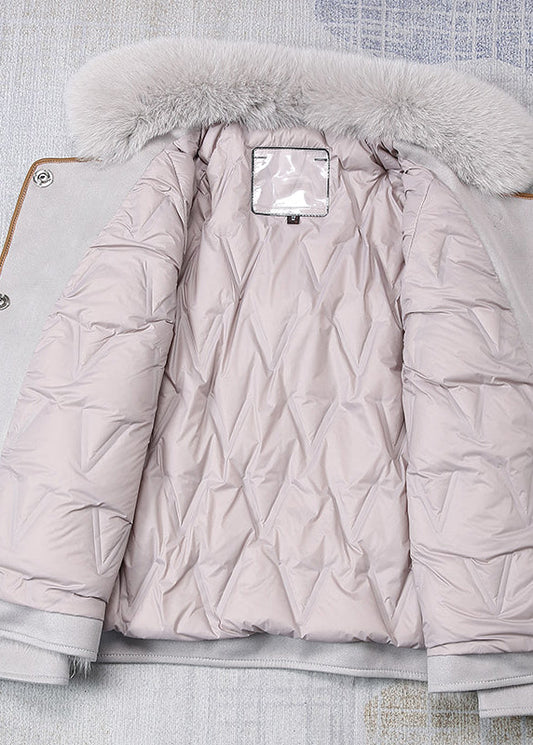 Französischer grauer Fuchskragen Leder Patchwork Button-Down-Mantel Winter