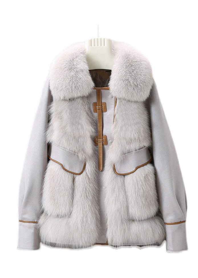 Französischer grauer Fuchskragen Leder Patchwork Button-Down-Mantel Winter