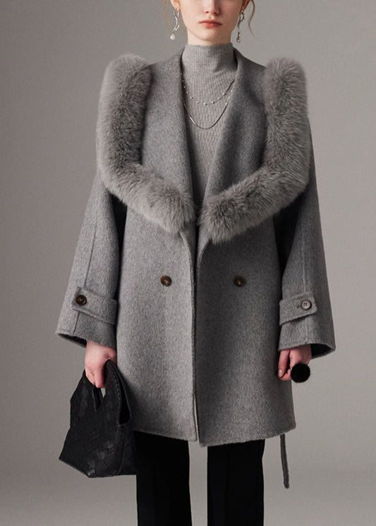 French Grey Fox Collar Tunic Woolen Long Coats Spring