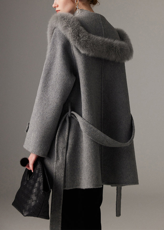 French Grey Fox Collar Tunic Woolen Long Coats Spring