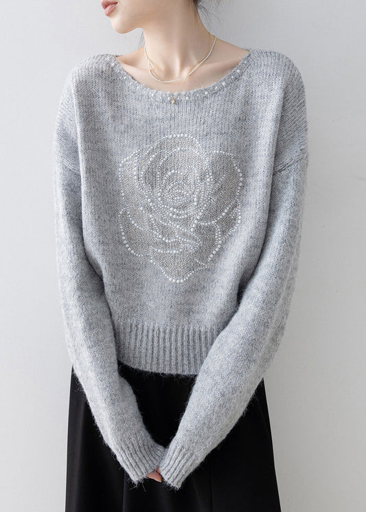 French Grey O Neck Nail Bead Knit Sweater Tops Spring