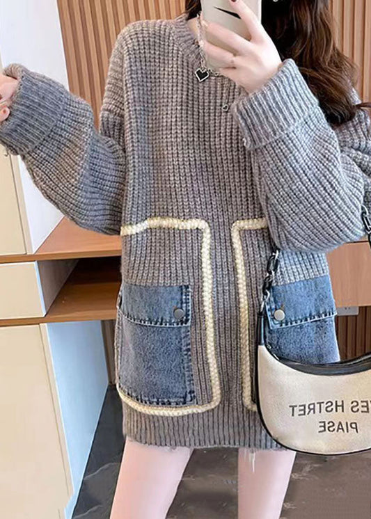 Französisch Grau O-Ausschnitt Übergroße Lazy Patchwork Taschen Strickpullover Tops Winter