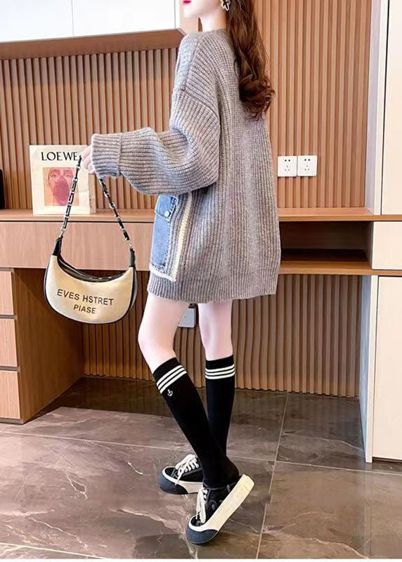 Französisch Grau O-Ausschnitt Übergroße Lazy Patchwork Taschen Strickpullover Tops Winter