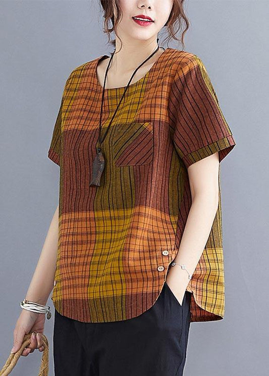 French Grey Plaid asymmetrical design Cotton Linen Blouse Top Summer - SooLinen