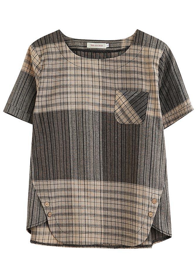 French Grey Plaid asymmetrical design Cotton Linen Blouse Top Summer - SooLinen