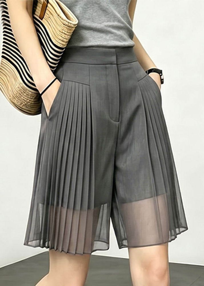 French Grey Pockets Wrinkled Patchwork Tulle Shorts Summer