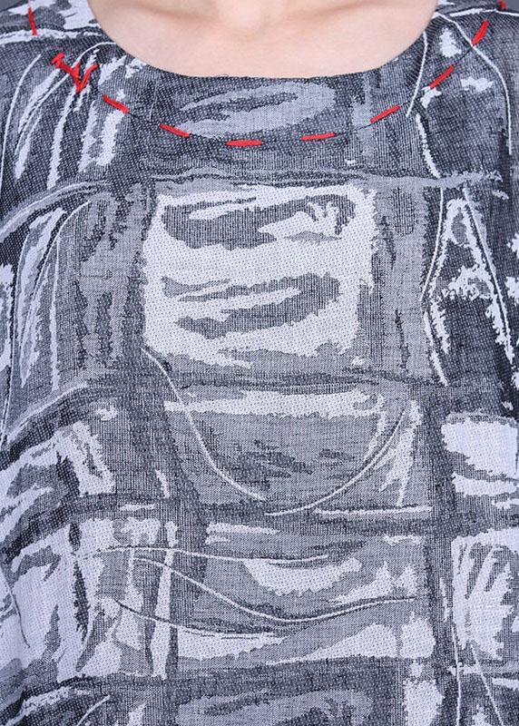 French Grey Print Cotton Linen Side open Party Dress Summer - SooLinen