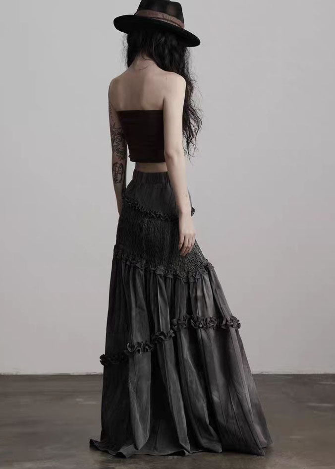 French Grey Ruffled Patchwork Cotton Wraped Skirts Spring