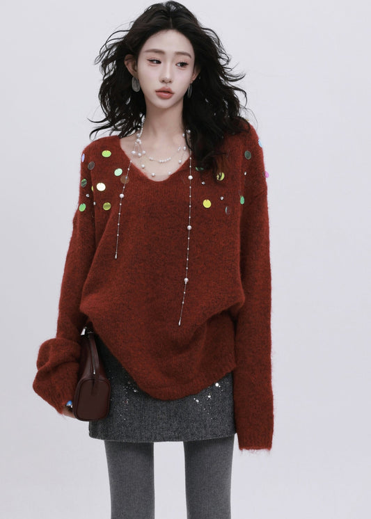 Französischer grauer Pailletten-Strass-Strickpullover, kurz, Winter