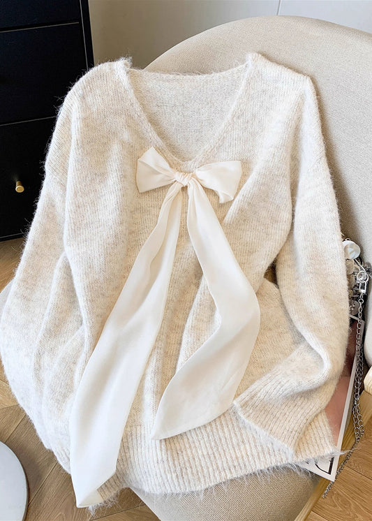 French Grey V Neck Bow Knit Sweaters Spring