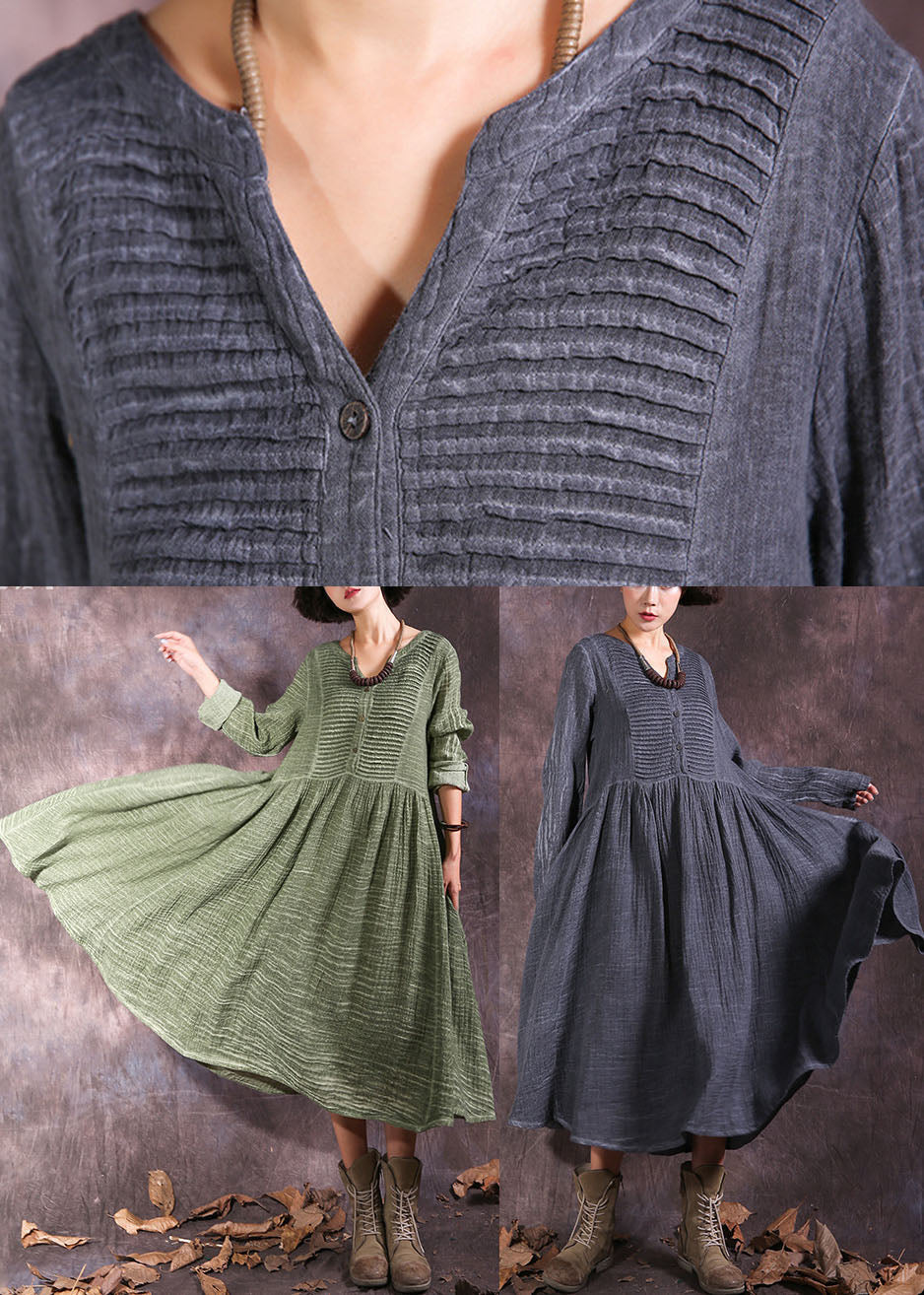 Französisches graues V-Ausschnitt-Feiertagskleid aus zerknitterter Baumwolle für den Frühling