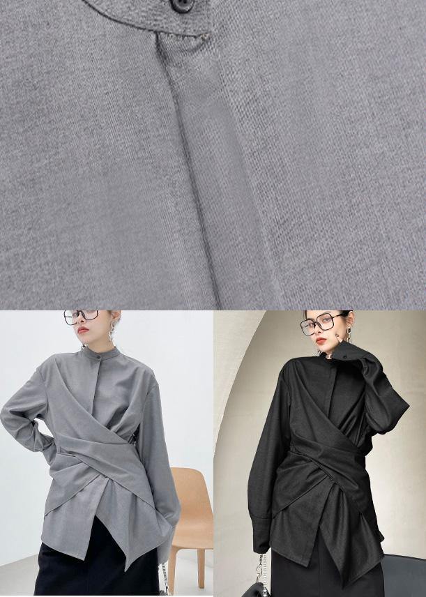 French Grey asymmetrical design Long sleeve Spring Blouses - SooLinen