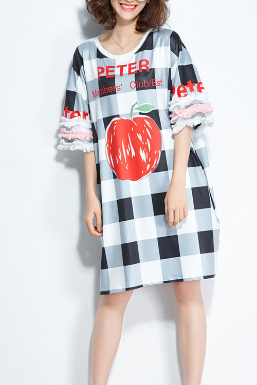 Französische Seidenkleidung mit halben Ärmeln, Metropolitan Museum Runway, schwarzes kariertes Kleid, Sommer