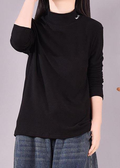 French High Neck Spring top silhouette pattern Black shirts - SooLinen