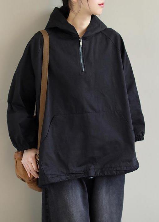 French Hooded Zip Up Spring Clothes Fashion Ideas Black Top - SooLinen