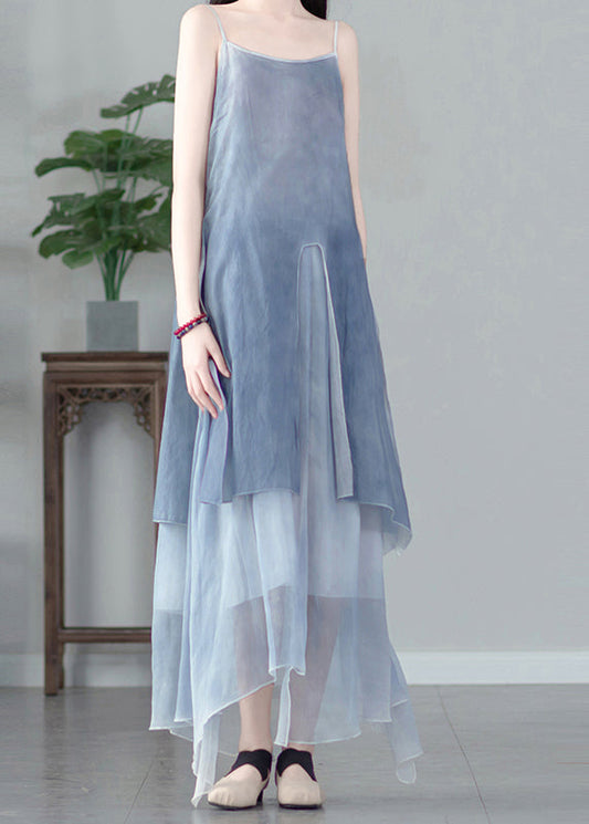 Französisches Khaki Asymmetrisches Patchwork-Kleid aus Baumwolle mit Spaghettiträgern, ärmellos