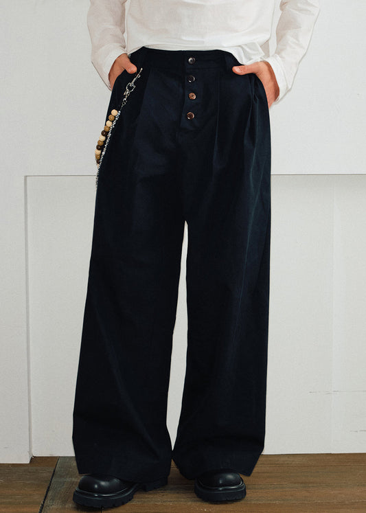 French Khaki Button Pockets Solid Cotton Mens Pants Summer