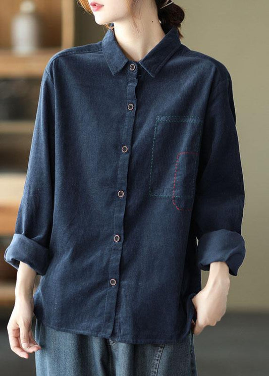 French Khaki Loose Embroideried Patchwork Fall Top Long Sleeve - SooLinen