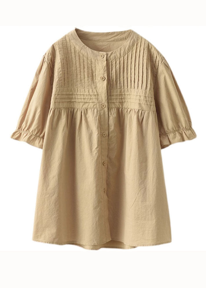 Camisas francesas de algodón con cuello redondo, botones arrugados y patchwork de color caqui para verano