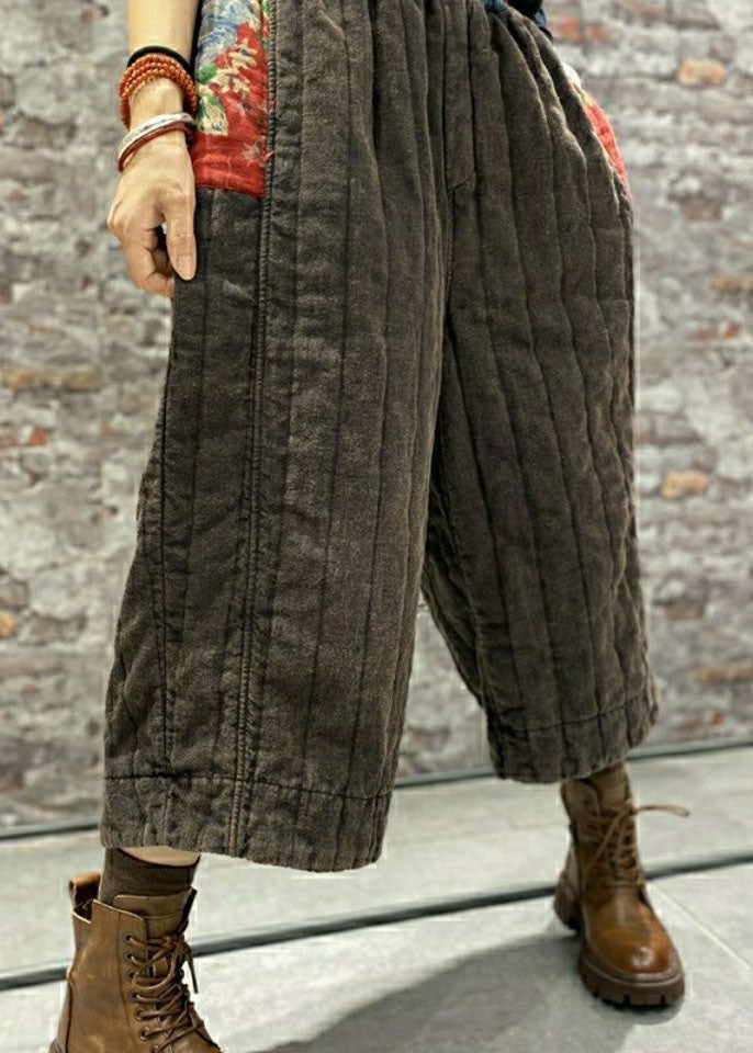 Französische Khaki Patchwork Feine Baumwolle gefüllte Hose Winter