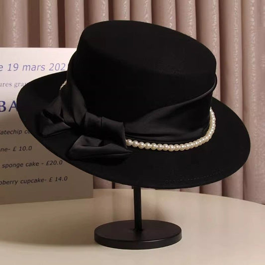 French Khaki Pearl Bow Woolen Cloche Hat