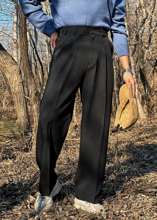 French Khaki Pockets High Waist Solid Spandex Mens Pants Fall