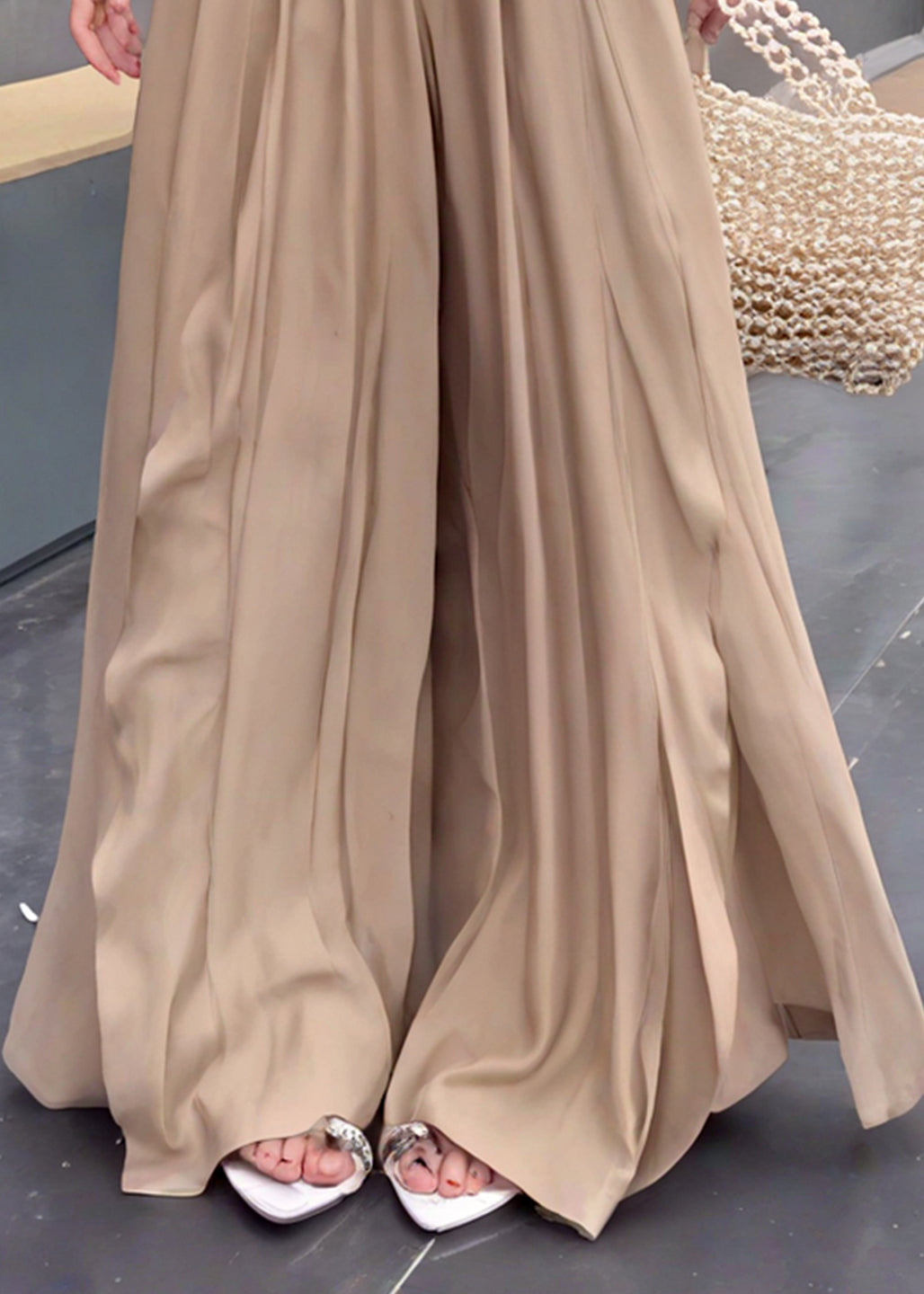 Französische Khaki Rüschen-Patchwork-Baumwollhose mit weitem Bein für den Sommer