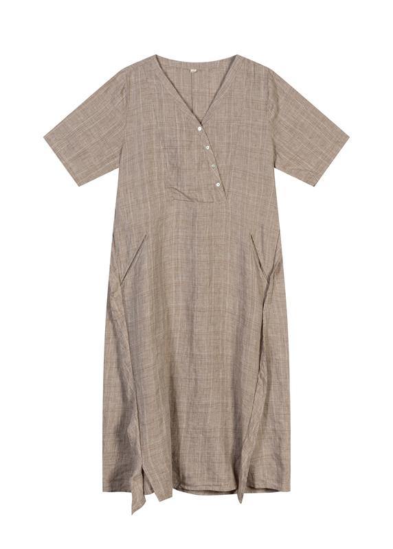 French Khaki linen Dress V Neck Robe Summer Dresses - SooLinen