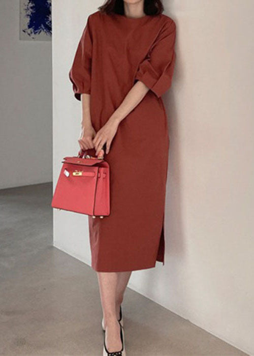 Französisches Khaki-Baumwollkleid mit seitlichem Durchbruch und halben Ärmeln