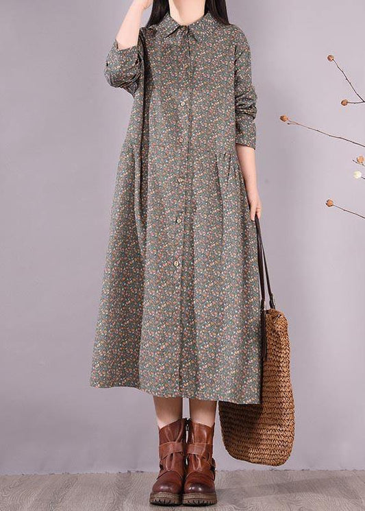 French Lapel Button Down Spring Fashion Ideas Blue Print Dress - SooLinen