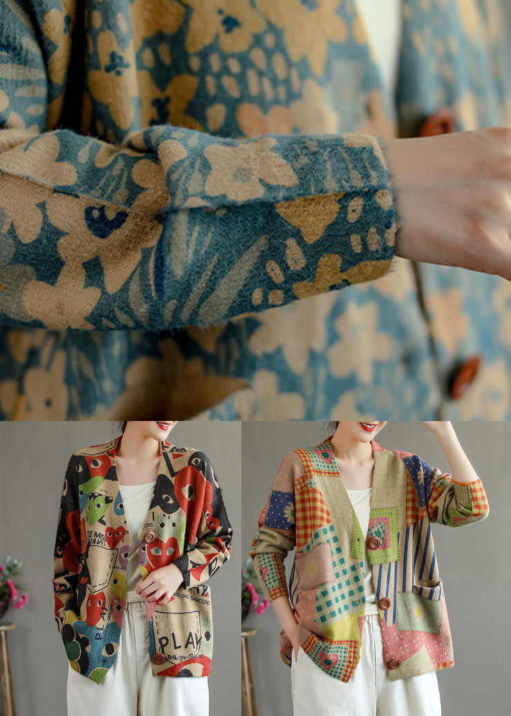 Französisch Hellblau V-Ausschnitt Print Nerz Haar Strickjacke Frühling