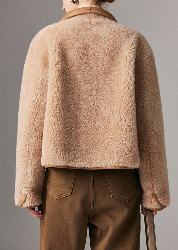 French Light Camel Fluffy Button Pockets Woolen Coat Winter